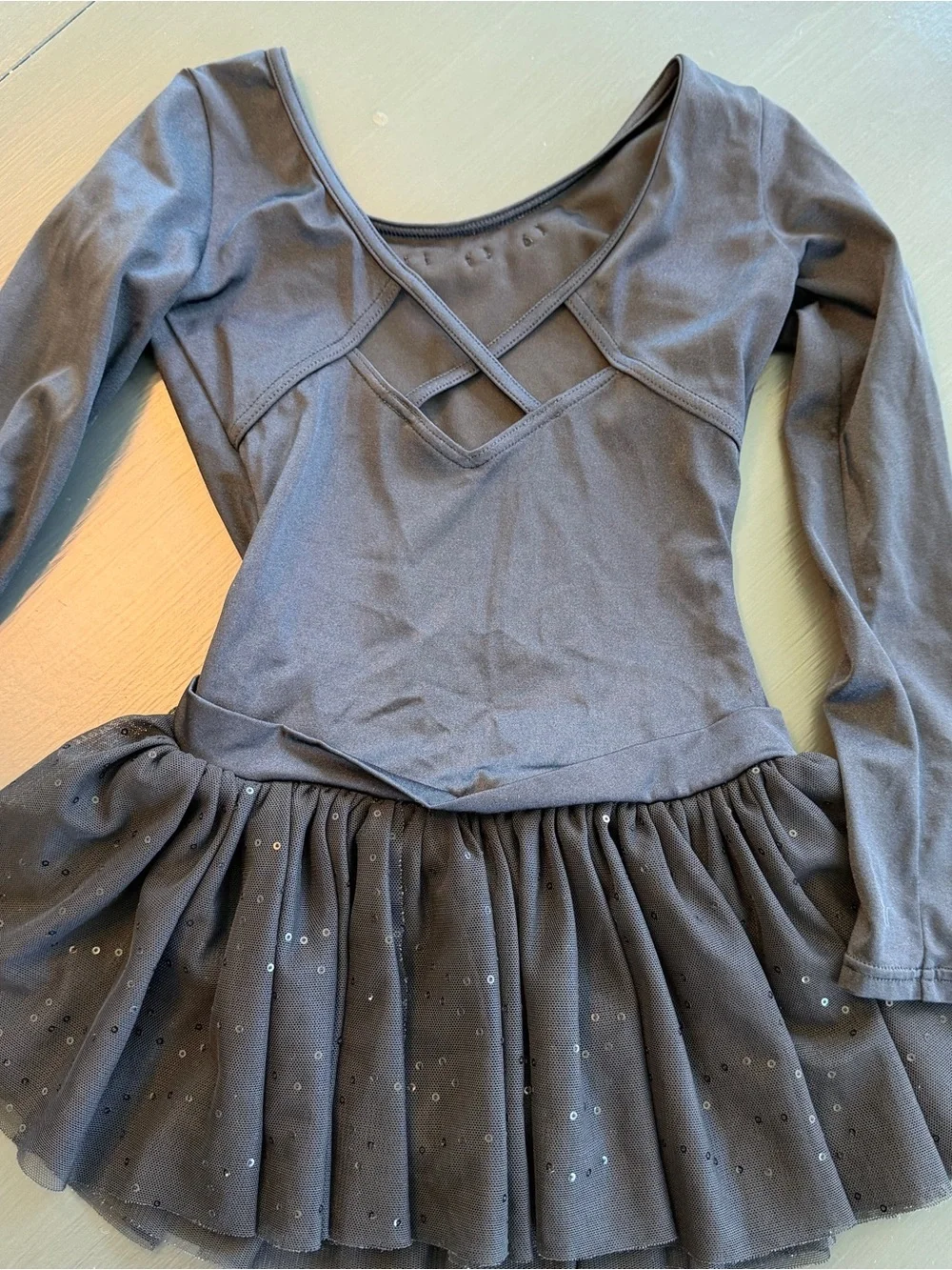 Capezio Girls Black Long-Sleeve Ballet Tutu Dress Rosette Collar and Sequin SZ M